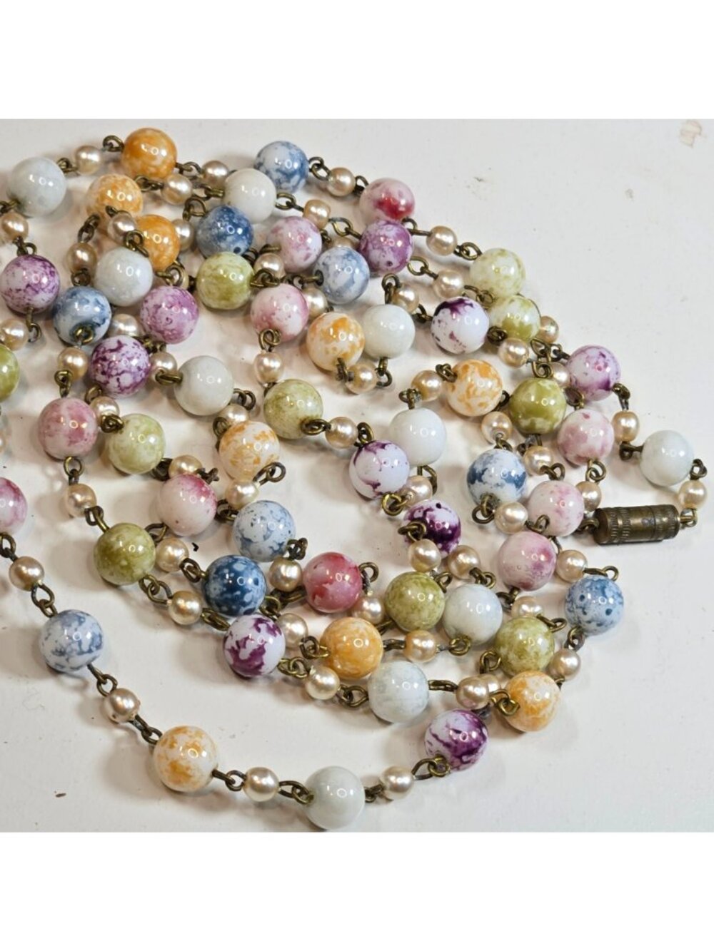 46" Vintage splatter Art Glass Bead Flapper Opera Necklace Barrel Clasp confetti